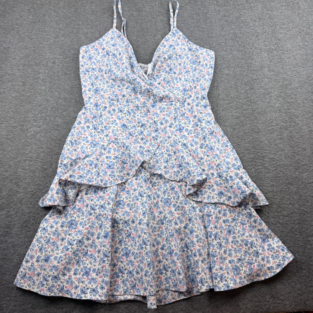 IRIS Floral Mini Dress Women Small Blue Pink Tiered Ruffle Surplice ID5435-U1635